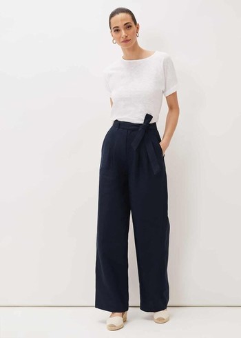 Phase Eight Aaliyah Linen Wide Legs Trousers Navy USA | 6495730-ZM